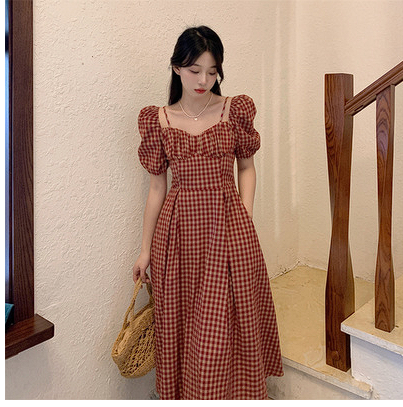 Large size puff sleeve plaid dress women's summer Hong Kong flavor retro chic skirt fat mm cover belly slimming dress