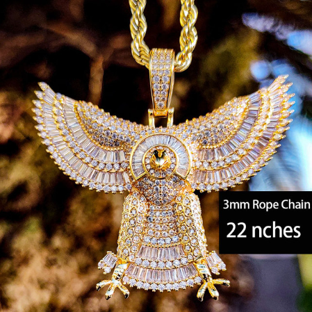 Hip Hop Large Flying Eagle Baguette CZ Pendant Gold Plated Tercel Necklace for Men Women