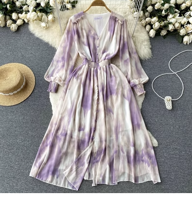 Cold wind slim waist dress summer women's French style chic stunning smudged temperament long-sleeved mid-length skirt