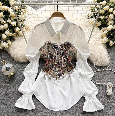 2022 spring and summer new design sense retro pattern bandage outerwear small vest mid-length a-line fluffy shirt skirt