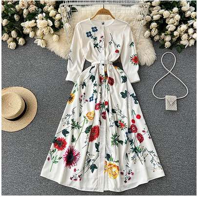 Ins style European and American spring and summer new high-end printing fashion slim temperament single-breasted dress big swing long skirt