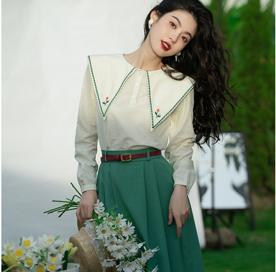 Hong Kong style embroidered pointed collar shirt women's cold wind suit early autumn women's clothing light familiar cool feeling dress slimming and reducing age