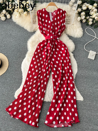 New Summer Women Halter Polka Dot V-neck Jumpsuits Ladies Elegant Backless Slim High Waist Wide-leg Pant Fashion Rompers Clothes