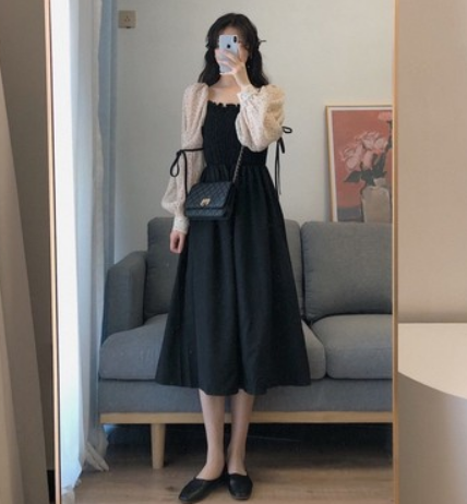 Dress female 2021 summer new Korean version of the meat cover is thin, retro stitching wave dot lace chiffon dress female