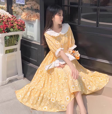 Plus size women's clothing 2022 new summer Japanese style long yellow floral waist dress skirt fat mm cover belly and look thin