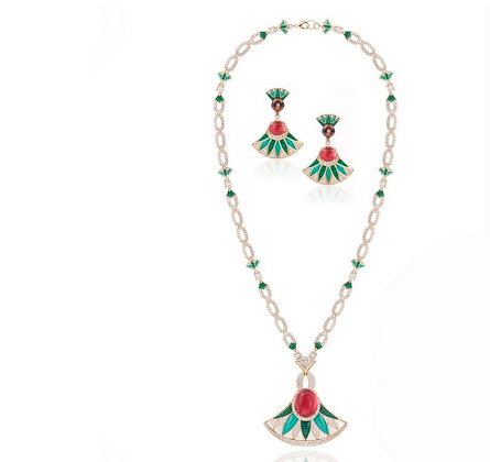 Luxurious Fashion High-end Jewelry Sets Women Lady Inlay Cubic Zircon Malachite Fan-shaped Pendant Necklace Stud Earrings