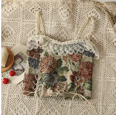 French retro oil painting camisole women's summer design sense of lace lace strap sexy tube top top outerwear