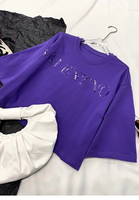 advanced! advanced! The romance of pan-blue and blue-purple ~ the sequin embroidered short short-sleeved T-shirt is so beautiful!