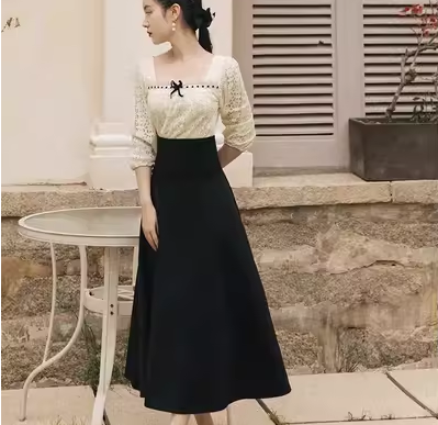 Autumn new design sense French lace top skirt high waist slim temperament goddess fan dress two-piece set