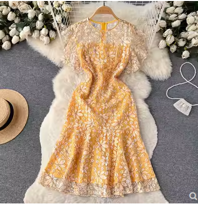 Summer Korean style chic lace embroidery atmosphere feeling waist waist temperament mid-length first love fairy mermaid dress trendy