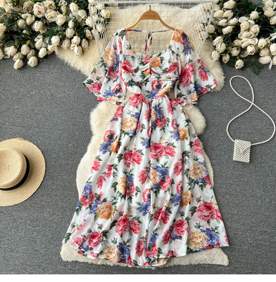 Summer new fairy dress female beach vacation style A-line big swing floral tea break French first love long skirt tide