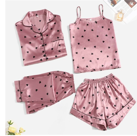 4 Pieces Soft Four Seasons Women Bra Pajamas Sets Cotton Floral Printed Silk Sleepwear With Female Leisure Nightwear Suit Polka