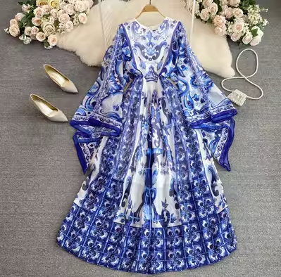 Retro court style round neck trumpet long sleeves loose celadon printed a-line dress seaside holiday dress