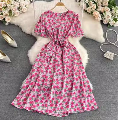 French retro style floral skirt summer new puff sleeve V-neck waist slimming a-line big swing dress female