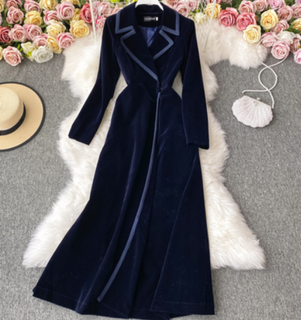 Autumn and winter new style velvet suit collar dress long to ankles over the knee fashion temperament long windbreaker jacket women