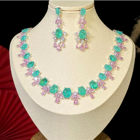 Fashion Blue-green and Pink Mixed Cubic Zirconia Set Necklace for Women Silver Bridal 2 PCS Wedding Jewelry Dinner Accessories