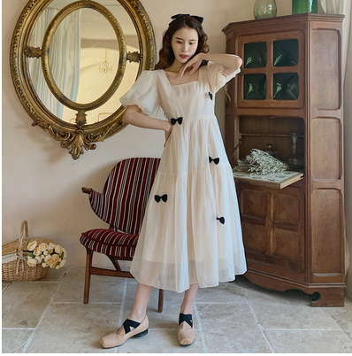 Plus-size women's summer new retro fat mm dress bow tie waist slimming skirt first love age-reducing long skirt