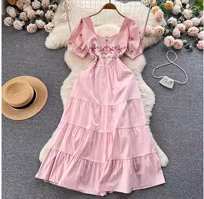 French square collar gentle wind ruffled long skirt women's summer style small fresh high waist chiffon fairy pleated dress skirt