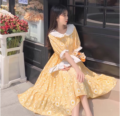 Plus size women's clothing 2022 new summer Japanese style long yellow floral waist dress skirt fat mm cover belly and look thin