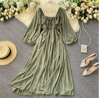 Chic gentle wind dress autumn 2020 new women's French retro square collar foreign bubble puff sleeve chiffon skirt