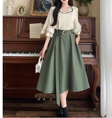 French ruffles half-sleeve shirt skirt women's suit summer plus size preppy style celebrity career dress