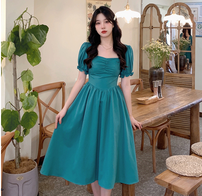 Large size French retro puff sleeve dress women's summer new square collar waist slimming Hepburn style long skirt