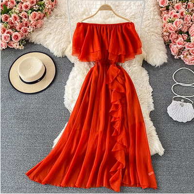 Seaside holiday one-shoulder off-shoulder chiffon dress summer waist slimming elegant lotus leaf edge big swing long skirt