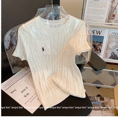 kor-anya twist short-sleeved knitted sweater women's summer thin section white all-match round neck short-sleeved top design sense niche