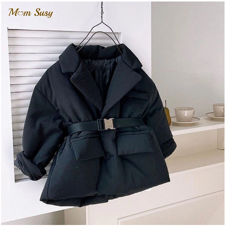 Fashion Baby Boy Girl Cotton Padded Suit Jacket Winter Child Waist Belt Coat Warm Outwear Turn Down Collar Baby Clothes 2-10Y