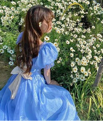 2023 French retro seaside vacation style fugitive princess dress blue bow backless puff sleeve fairy dress summer