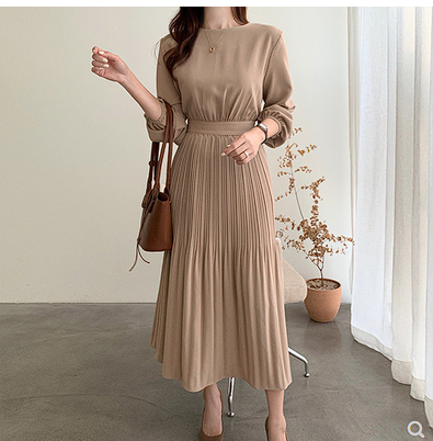 Korean chic French elegant round neck strap waist slimming casual over-the-knee long-sleeved pleated dress long skirt female