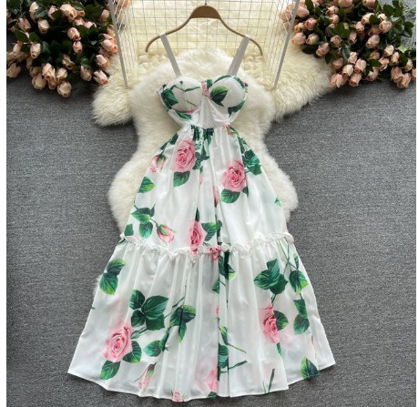 2021 Summer Floral Bohemian Holiday Dress Women's Spaghetti Strap Backless Sexy Strapless Cup Mesh Flower Print Beach Dress Robe