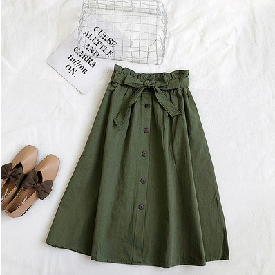 2019 summer new all-match college style single-breasted bud high waist mid-length a-line skirt skirt female