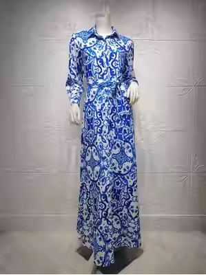 New Muslim Women's Lapel Printed Long Sleeve Dress with Belt