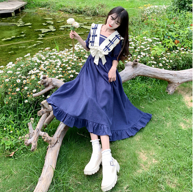 Large size navy collar preppy blue dress female 2023 summer Korean style bowknot wood ear long skirt tide