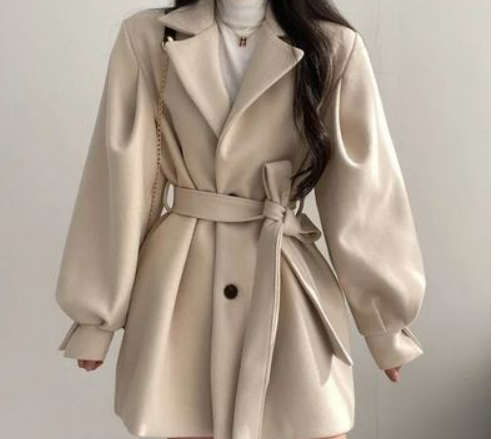 The new Korean version of Chic autumn and winter loose wind coat women's woolen suit collar mid-length and small woolen coat women
