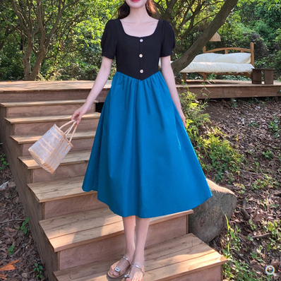 Plus-size women's clothing design sense splicing fake two-piece dress women's summer new fat sister waist slimming long skirt