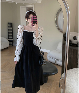 Large size French retro one-word collar splicing mesh long-sleeved dress 2023 autumn new sweet long skirt women