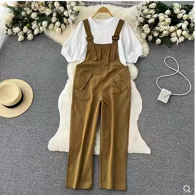 2023 summer fashion suit women's loose all-match white T-shirt + overalls overalls one-piece long pants two-piece set