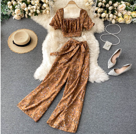 Women Autumn French Boho Floral Suits Square Collar Puff Sleeve Short Tops+High Waist Wide Leg Pants Two Pieces Set