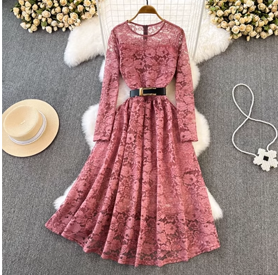 Spring and autumn light and familiar style retro temperament long-sleeved round neck waist slimming A-line lace dress elegant big swing long skirt