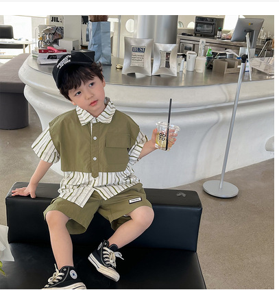 Boys summer suit 2023 new Korean style foreign style children's stripe stitching baby shirt shorts two-piece trendy