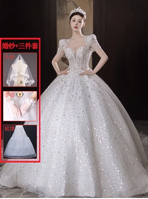 The main wedding dress 2023 new bride is at large princess female small French light high-quality texture trailing starry sky