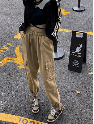 Design sense khaki overalls casual pants women's spring 2023 new small high waist drawstring nine-point pants