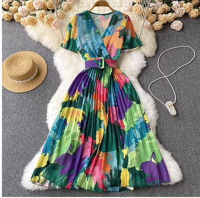 Super fairy seaside holiday V-neck floral dress women's summer new tie-up waist big swing pleated fairy skirt