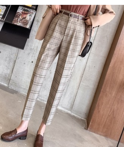 Plaid pants women's spring and autumn 2021 new high waist loose straight drape slim trousers nine points casual harem pants