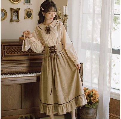 Spring new women's suit French retro forest long skirt student girl waist strap dress two-piece set