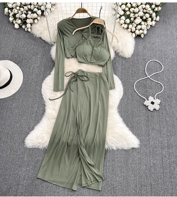 Fashion suit female hot girl hanging neck camisole three-piece set V-neck shawl coat high waist slit skirt autumn