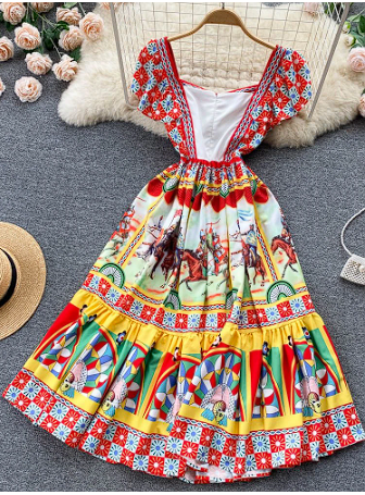 Fashion Summer Rumway Soldier Warrior Print Dress Women Square Collar Butterfly Sleeve Ruffles Elegant Backless Party Vestidos