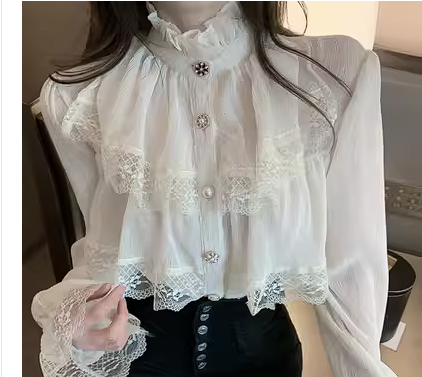 Wood ear side stand collar chiffon shirt women's design sense splicing ruffles foreign style long-sleeved Korean trumpet sleeve shirt spring style